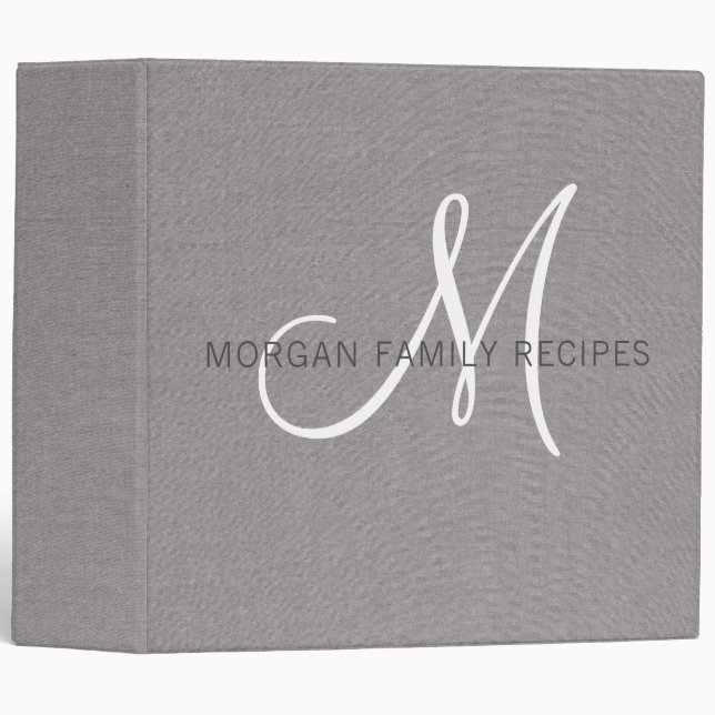 Classeur Nom de famille Monogram Grey White Script Faux Lin (Devant/Côté)