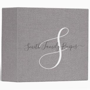 Classeur Nom de famille Monogram Grey White Script Faux Lin