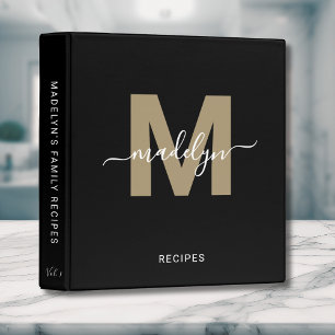 Classeur Nom de monogramme de recette noir or élégant scrip