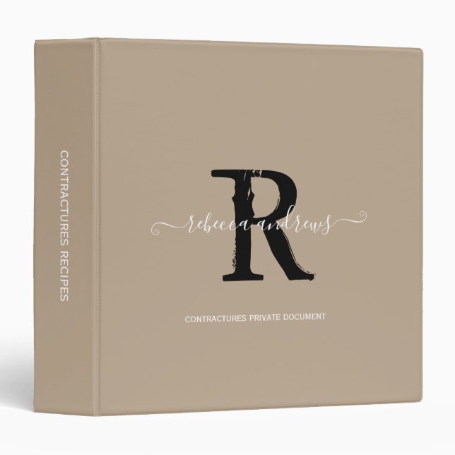 Classeur Nom de script élégant du monogramme Taupe initiale (Devant/Côté)