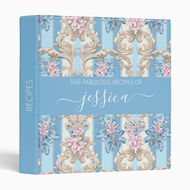 Classeur Nom de script floral baroque bleu clair chic (Devant/Côté)