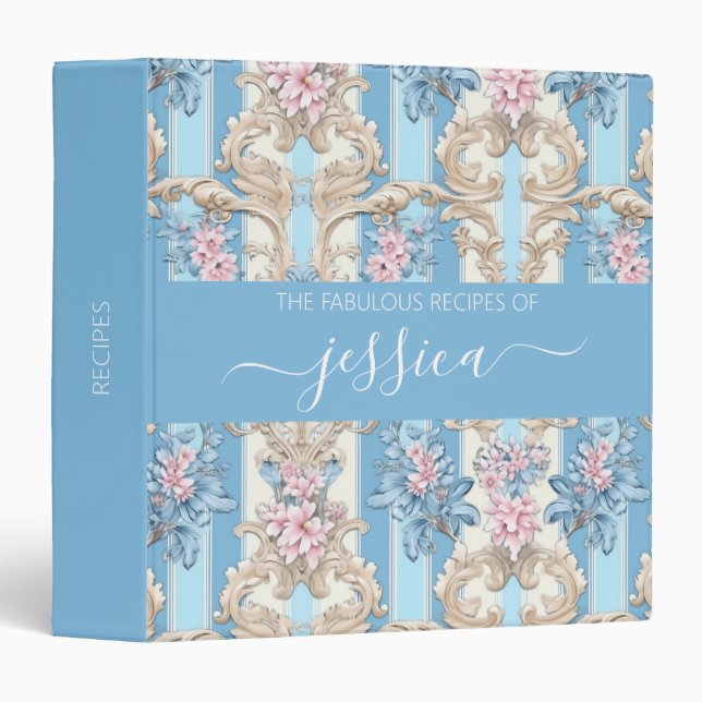 Classeur Nom de style chic bleu clair baroque floral  (Devant/Côté)