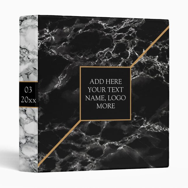 Classeur Nom de texte personnalisé Info Binder Marbre Noir  (Devant/Côté)