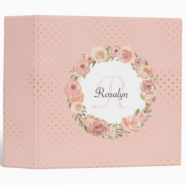 Classeur Nom décoré d'un monogramme floral de rose (Devant/Côté)