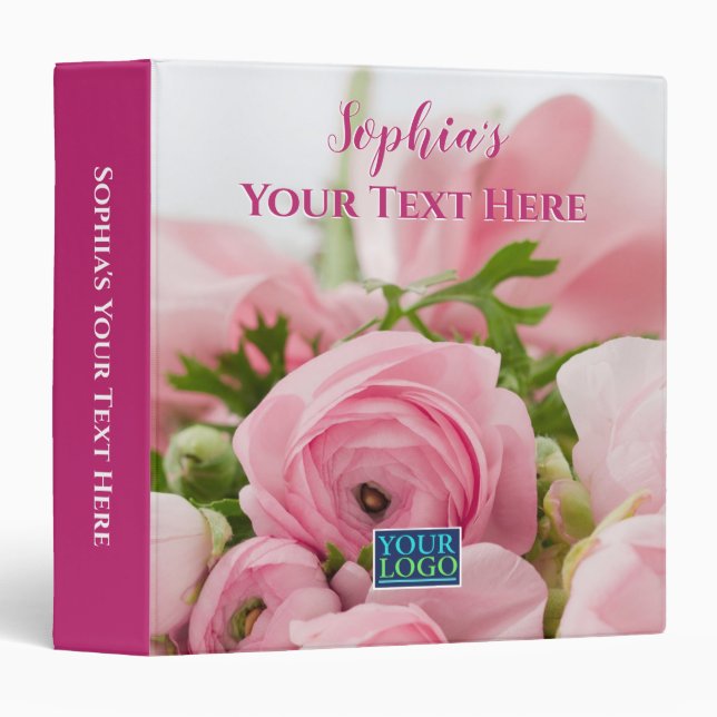 Classeur Nom DIY, Votre Texte, Votre Logo Ici, Fleurs Roses (Devant/Côté)