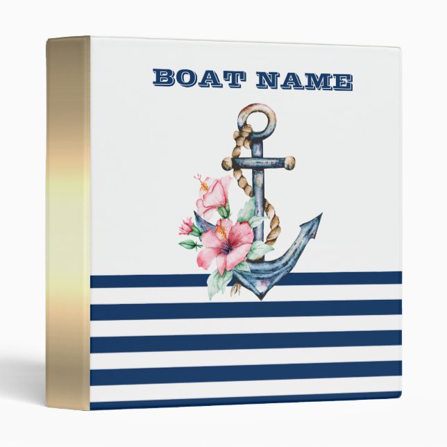 Classeur Nom du bateau, Ancre florale Bleu de la Marine (Devant/Côté)