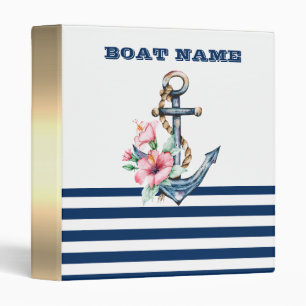 Classeur Nom du bateau, Ancre florale rayures bleu marine
