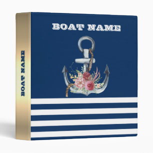 Classeur Nom du bateau, fleurs d'ancre bleu marine rayé