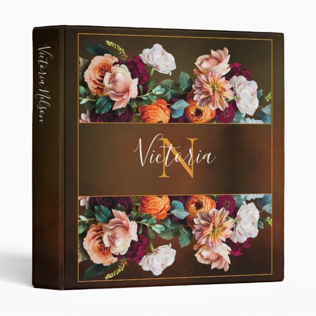 Classeur Nom du monogramme Élégant Floral Botanical Rustic (Devant/Côté)