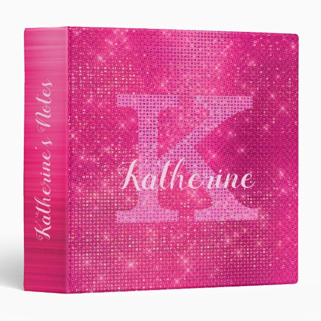 Classeur Nom du monogramme étincelant brillant rose-chaud (Devant/Côté)