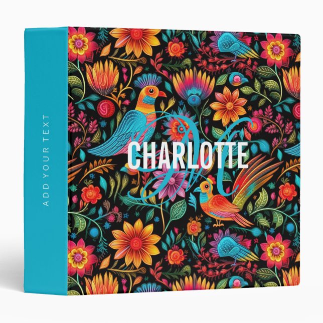 Classeur Nom du script de motif floral mexicain (Devant/Côté)