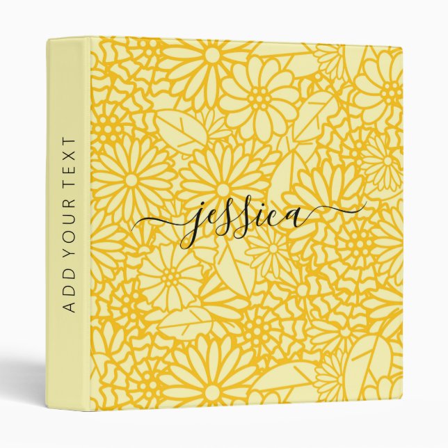 Classeur Nom du script floral jaune moderne (Devant/Côté)