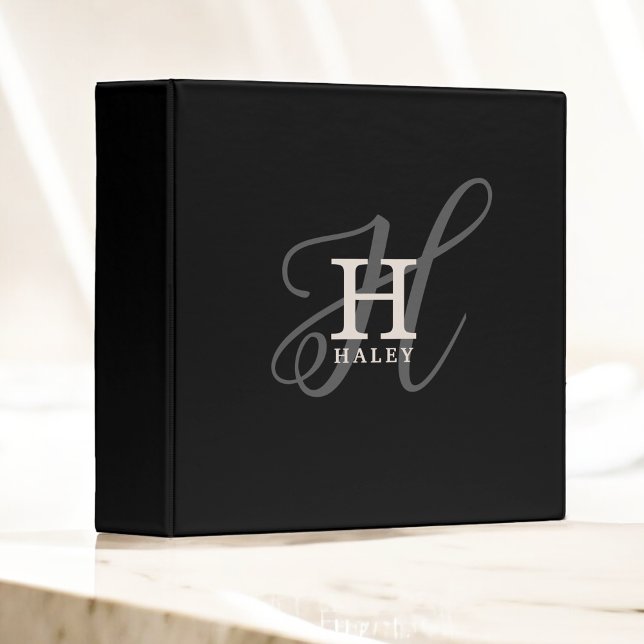Classeur Nom élégant avec Calligraphie Monogramme Noir (Créateur téléchargé)