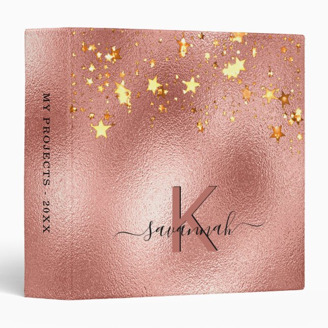 Classeur Nom monogramme des étoiles d'or rose (Devant/Côté)