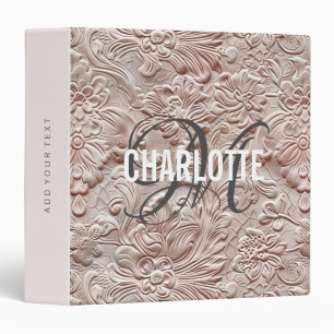 Classeur Nom monogramme en cuir rose vif vintage