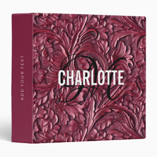 Classeur Nom monogramme en cuir vintage bordeaux