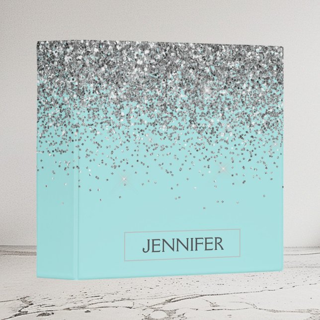 Classeur Nom Monogramme Féminin Paillettes Bleu Aqua Sarcel (Créateur téléchargé)