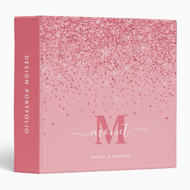 Classeur Nom Monogrammé Paillettes Roses Élégant de Portfol (Devant/Côté)