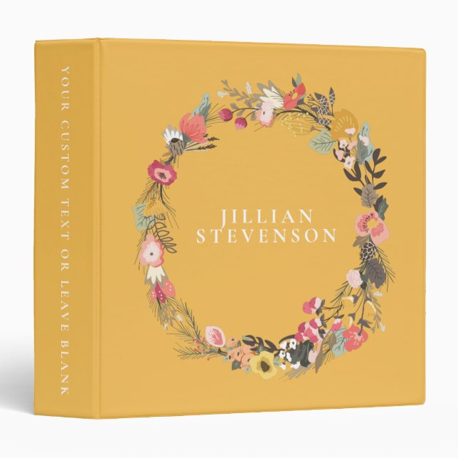 Classeur Nom personnalisé Mustard Jaune Botanique Floral (Devant/Côté)