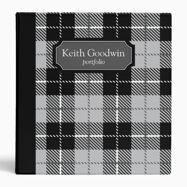 Classeur Nom personnalisé noir et blanc/monogramme plaid (Devant)