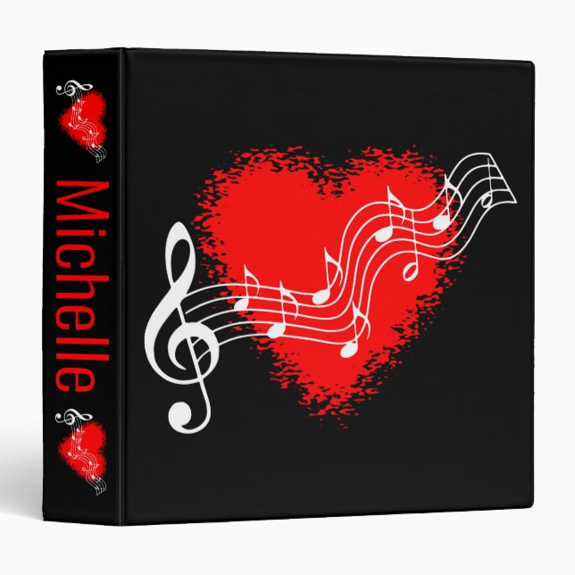 Classeur Notes de coeur et de musique rouges (Devant/Côté)