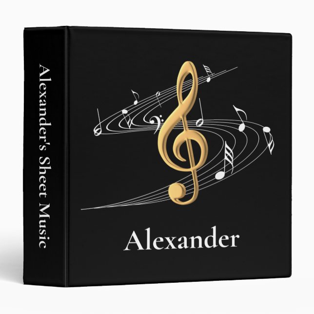 Classeur Notes de musique personnalisées en or et noir élég (Devant/Côté)