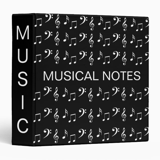 Classeur Notes musicales en noir et blanc Musicien (Devant/Côté)