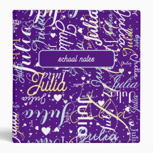 Classeur Notes scolaires Noms et coeurs violets