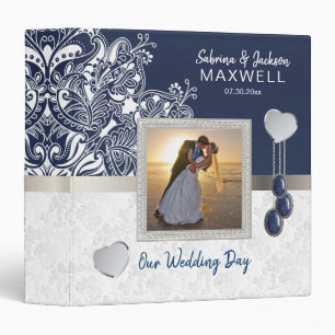 Classeur Notre jour de mariage   Blanc Damas et bleu foncé
