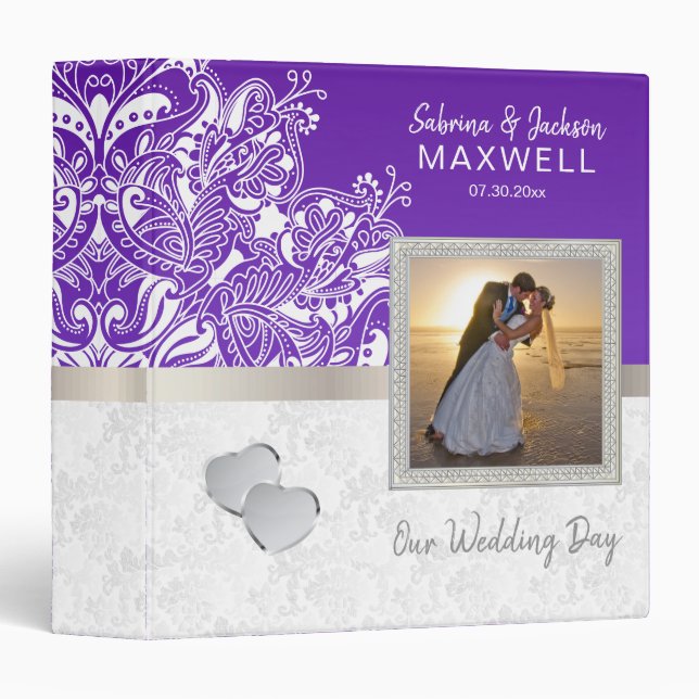 Classeur Notre jour de mariage | Blanc Damas & pourpre (Devant/Côté)