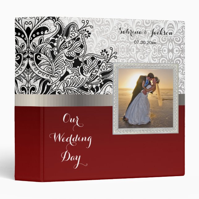 Classeur Notre jour de mariage | Damask blanc & rouge foncé (Devant/Côté)