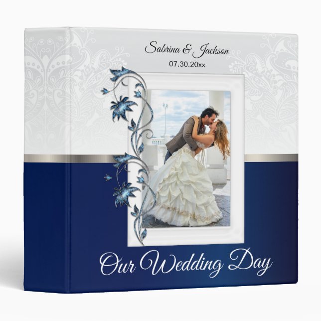 Classeur Notre jour de mariage | Elégant blanc et bleu mari (Devant/Côté)