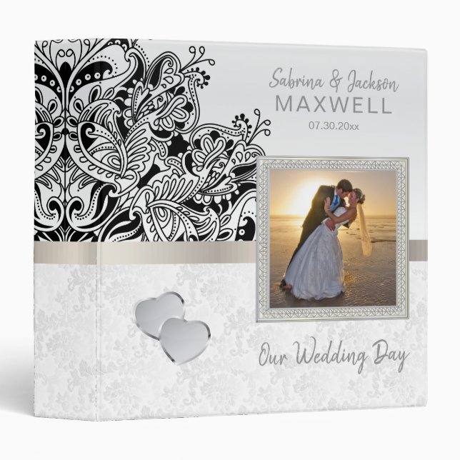 Classeur Notre jour de mariage | Élégant Damas blanc (Devant/Côté)