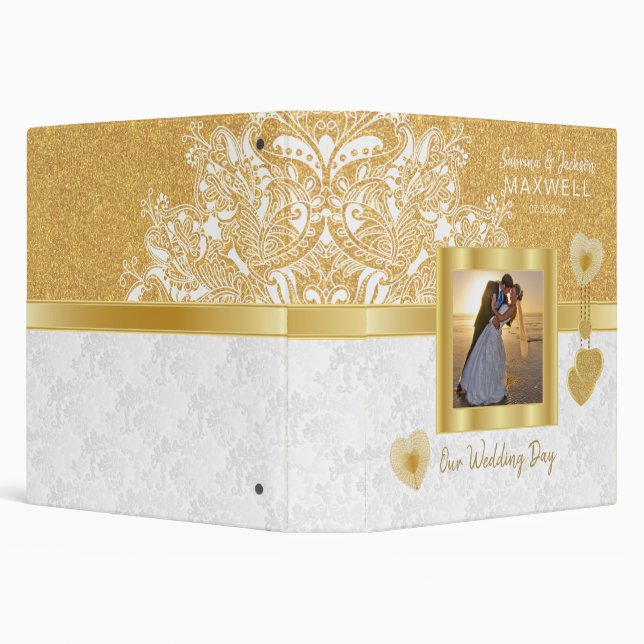 Classeur Notre jour de mariage | White Damask & Gold (Arrière-plan)