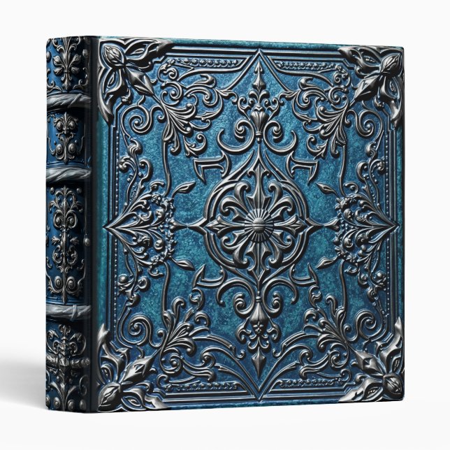 Classeur Océan Bleu Cuir Argent Imaginaire découpé (Devant/Côté)