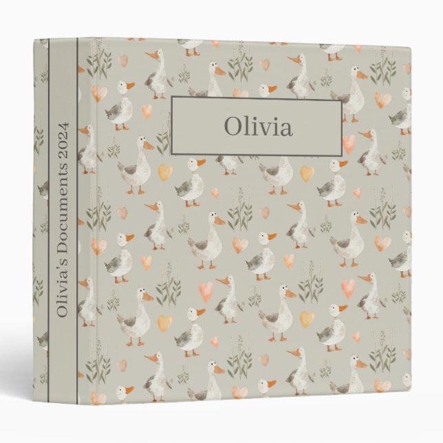 Classeur Oies d'aquarelle mignonne personnalisable 3 Classe (Devant/Côté)