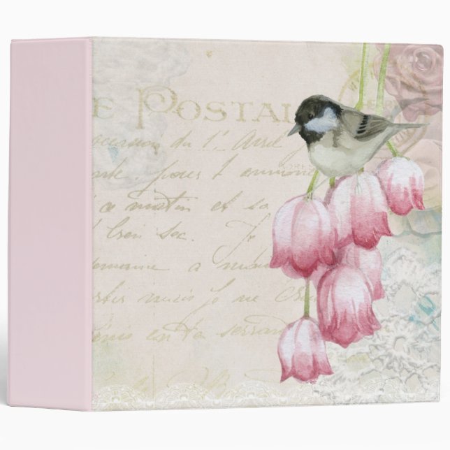 Classeur Oiseau et fleurs avec écriture manuscrite Shabby V (Devant/Côté)