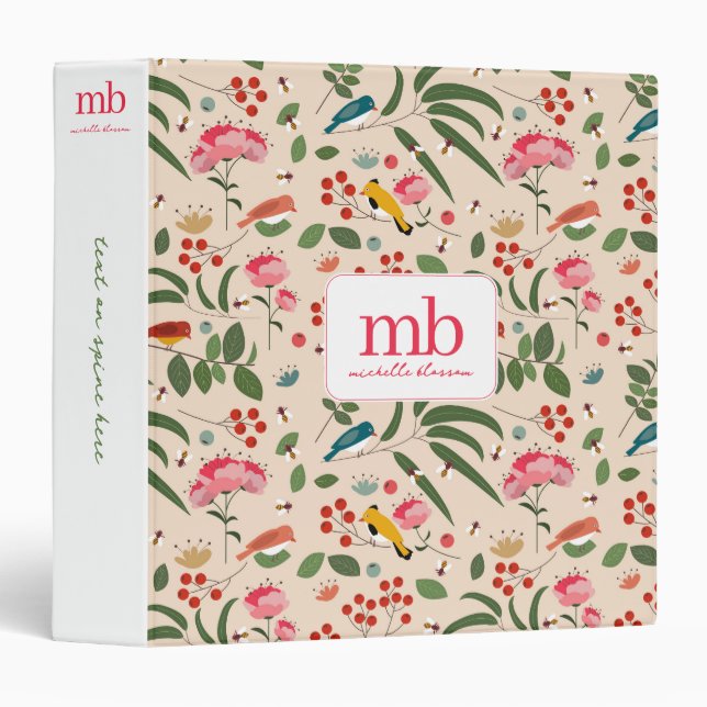 Classeur Oiseaux floraux dessinés à la main Abeilles Monogr (Devant/Côté)