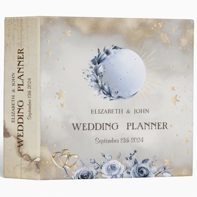 Classeur Or céleste Soleil, Bleu Lune Rose étoiles Or (Devant/Côté)