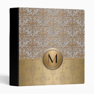 Classeur Or et Argent Simulé Élégant Monogramme Damassé