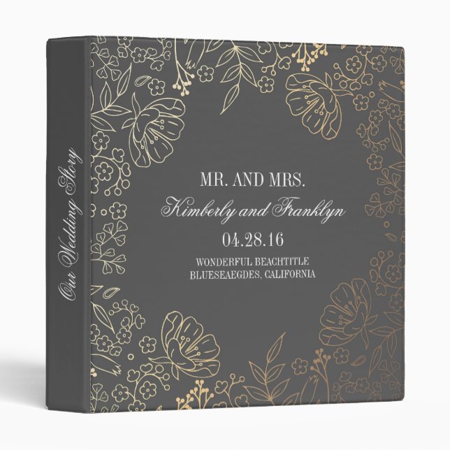 Classeur Or et mariage vintage floral gris (Devant/Côté)