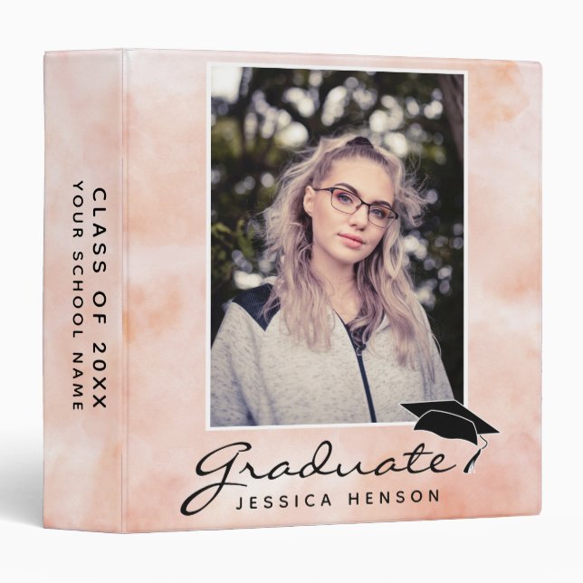 Classeur Orange Aquarelle Script Graduation Album photo (Devant/Côté)