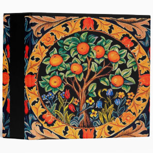 CLASSEUR ORANGE ARBRE AUX FEUILLES VERTS, FLEURS EN NOIR