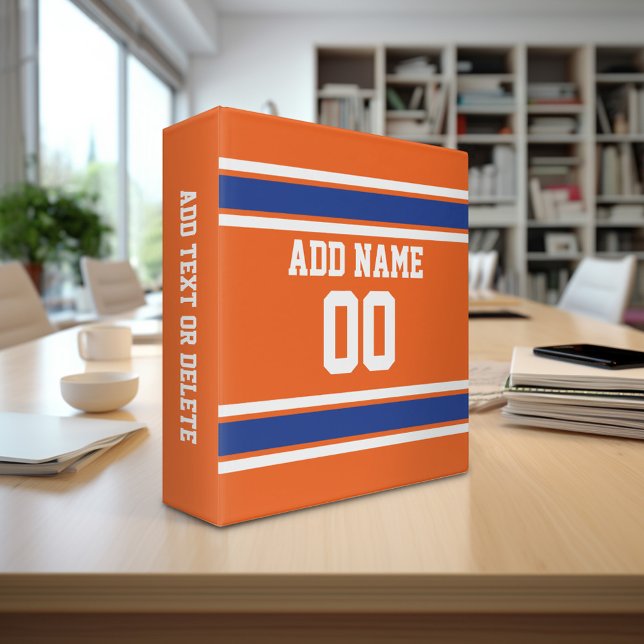 Classeur Orange Blue Sports Jersey avec nom et numéro (Personalized 3-ring binder - sports theme with area for name and custom text)