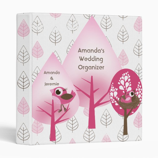 Classeur Organisateur/Classeur d'oiseaux roses personnalisé (Devant/Côté)