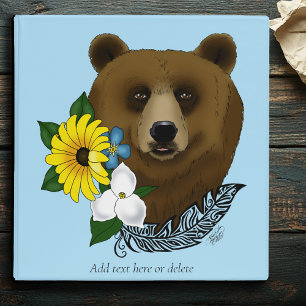 Classeur Ours Brun Fleurs Bleues Plume Faune