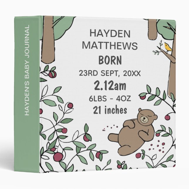 Classeur Ours couché Woodland Birth Stats Baby Journal (Devant/Côté)