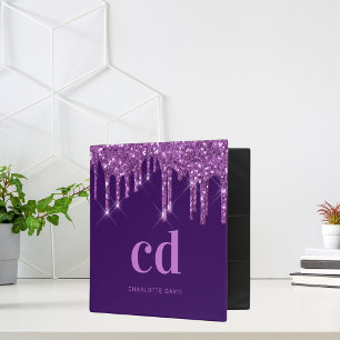 Classeur Paillettes violettes monogramme personnalisé rose