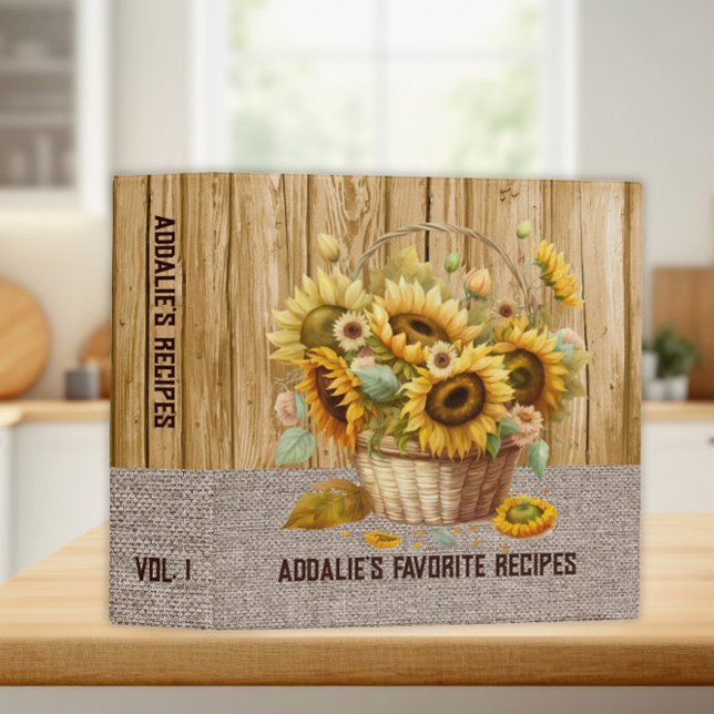 Classeur Panier rustique Tournesols Burlap Bois Recette (Sunflowers on rustic wood and burlap family recipe cookbook)