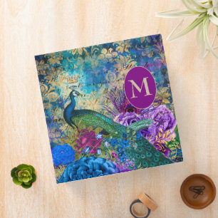 Classeur Paon Élégant Vintage Violet Turquoise Or Monogramm